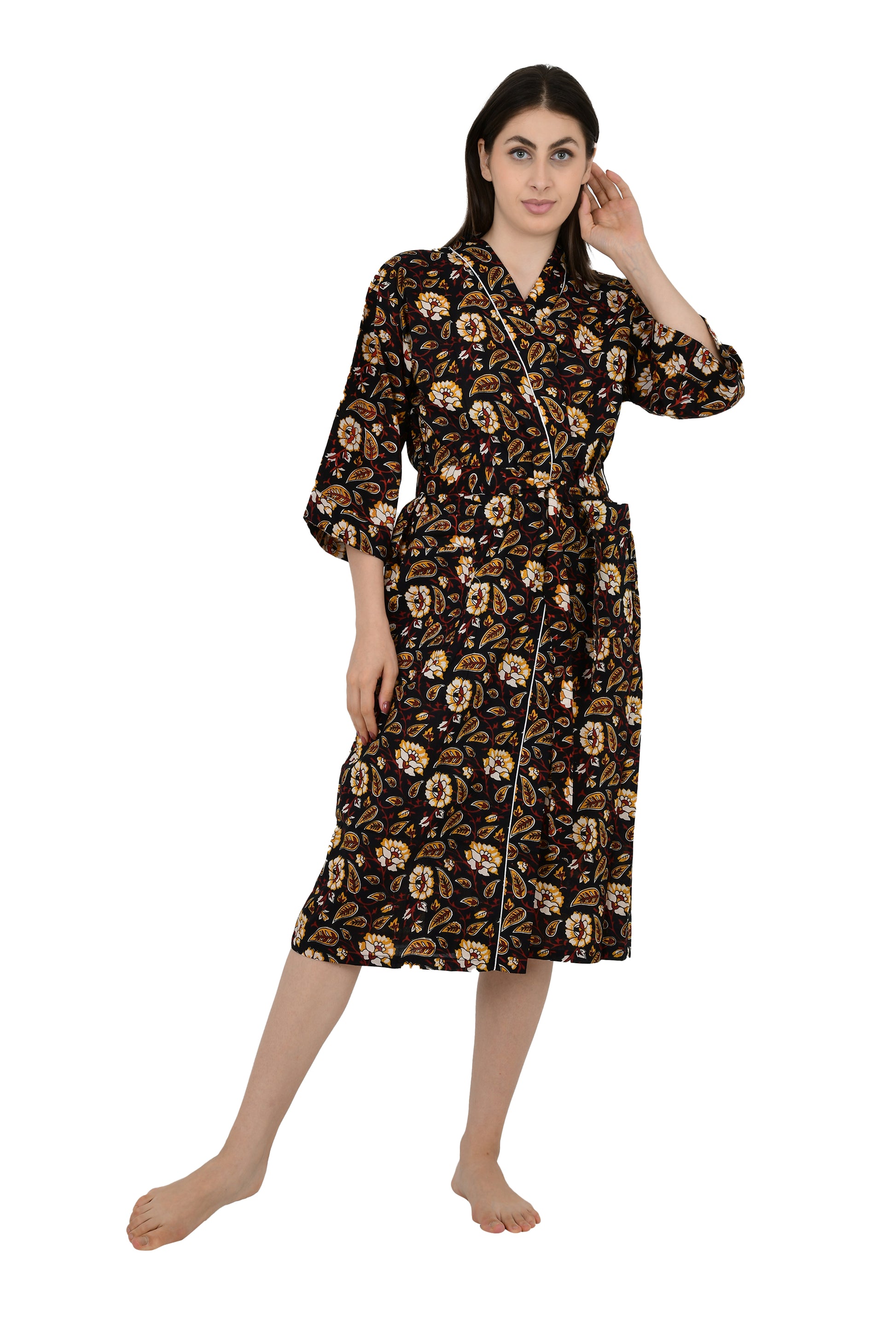 Pure Cotton Kimono Indian Handprinted Boho House Robe Summer Dress, Black Saffron Floral Botanical Garden Beach Coverup Maternity Mom Bridal Pure Cotton Kimono Indian Handprinted Boho House Robe Summer Dress, Black Saffron Floral Botanical Garden Beach Coverup Maternity Mom Bridal