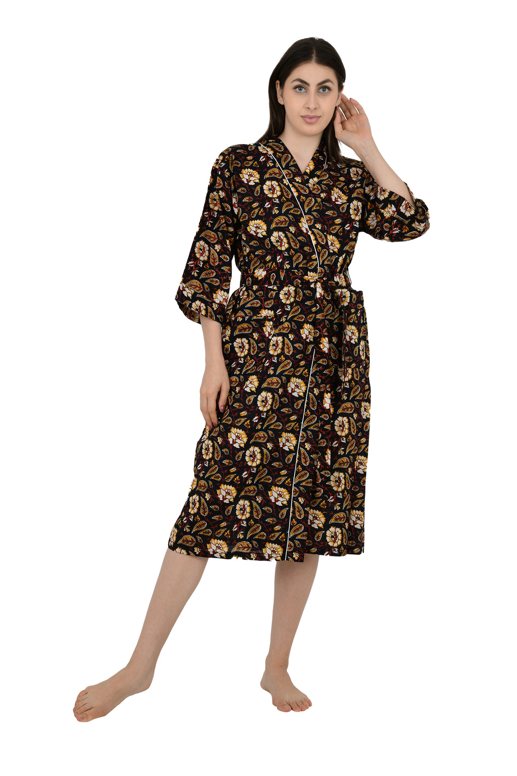 Women's block-printed Cotton Kimono Robe in black saffron floral
