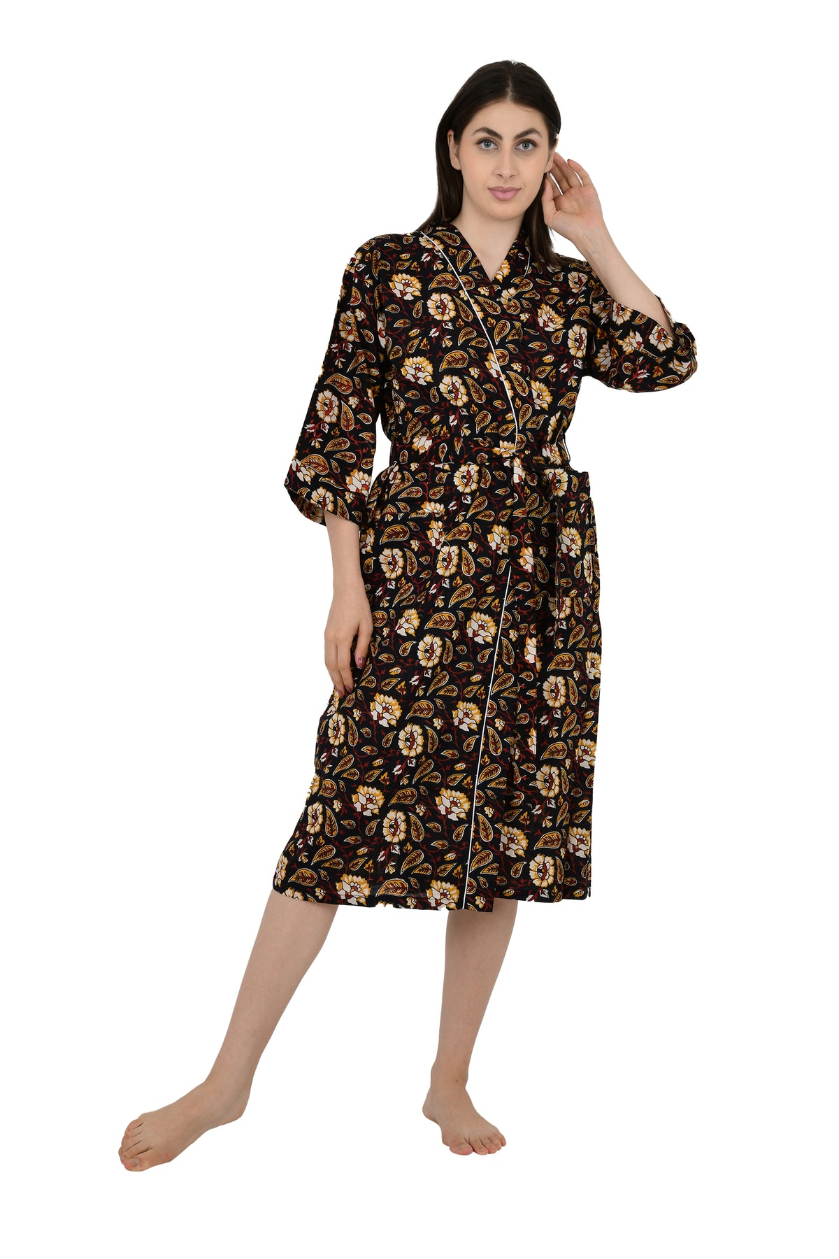 Pur coton Kimono indien imprimé à la main Boho House Robe Robe d’été, Noir Safran Floral Jardin Botanique Plage Coverup Maternité Maman Mariée
