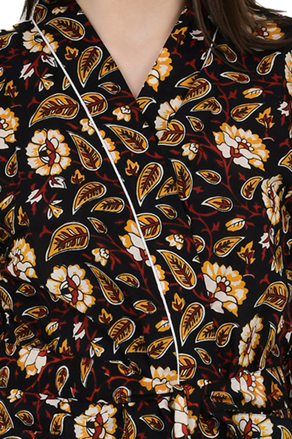 Women's block-printed Cotton Kimono Robe in black saffron floral