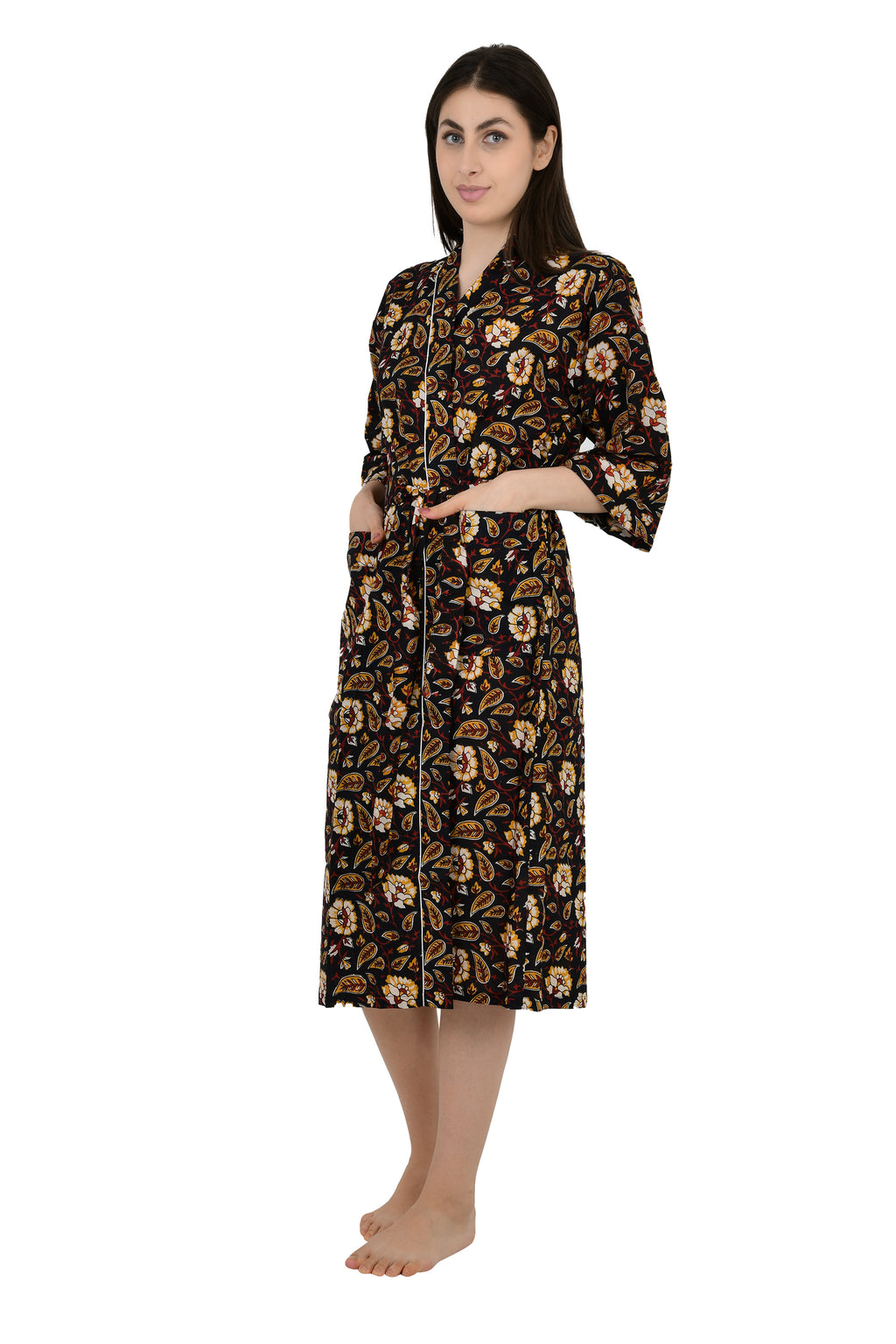 Women's block-printed Cotton Kimono Robe in black saffron floral