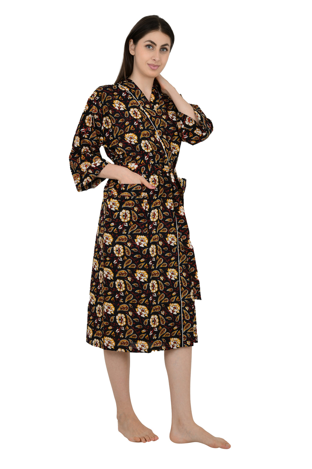 Women's block-printed Cotton Kimono Robe in black saffron floral
