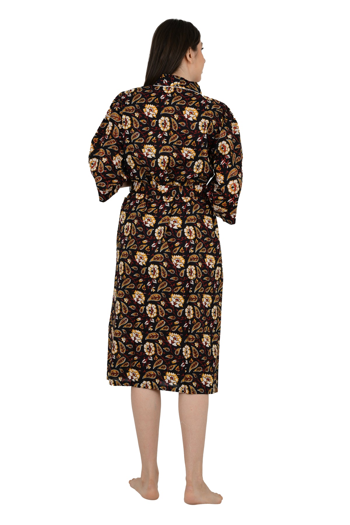 Pur coton Kimono indien imprimé à la main Boho House Robe Robe d’été, Noir Safran Floral Jardin Botanique Plage Coverup Maternité Maman Mariée