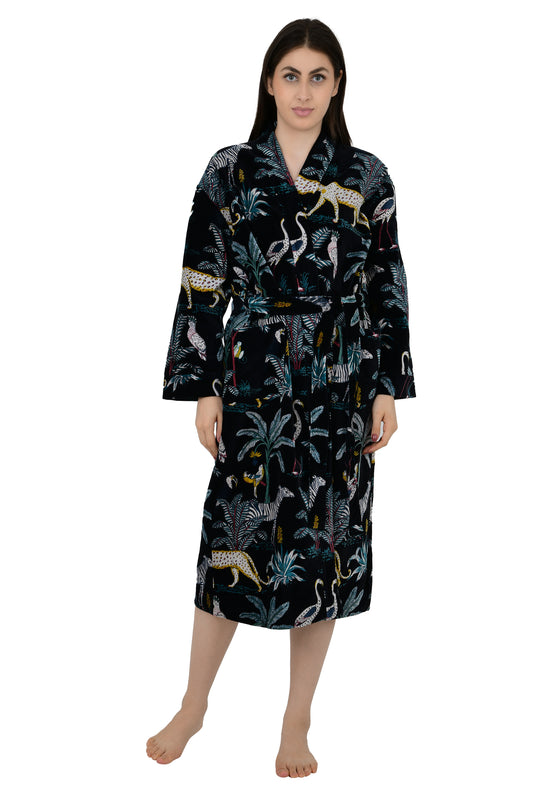 Velvet House Robe Kimono Luxury Unisex Loungewear | Boho Reversible Silk Lined Jacket | Quirky Mid Night Black Jungle | Anniversary Gift