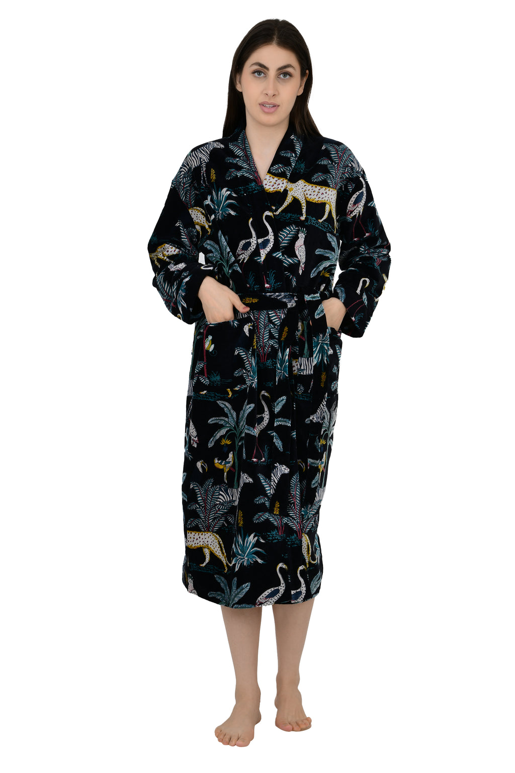 Unisex reversible Velvet Kimono Robe in black jungle