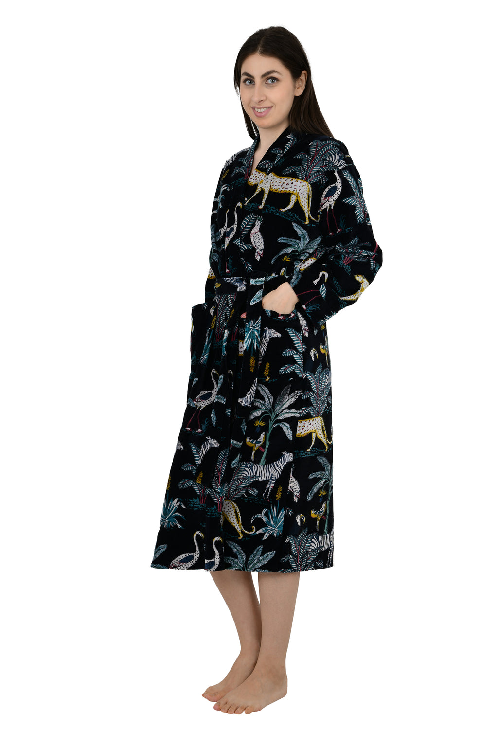 Unisex reversible Velvet Kimono Robe in black jungle