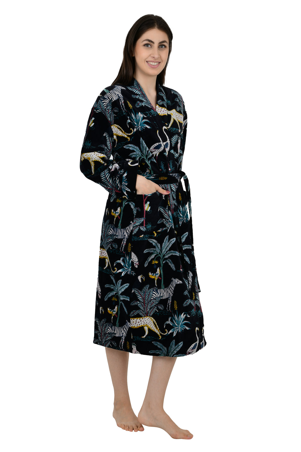 Unisex reversible Velvet Kimono Robe in black jungle