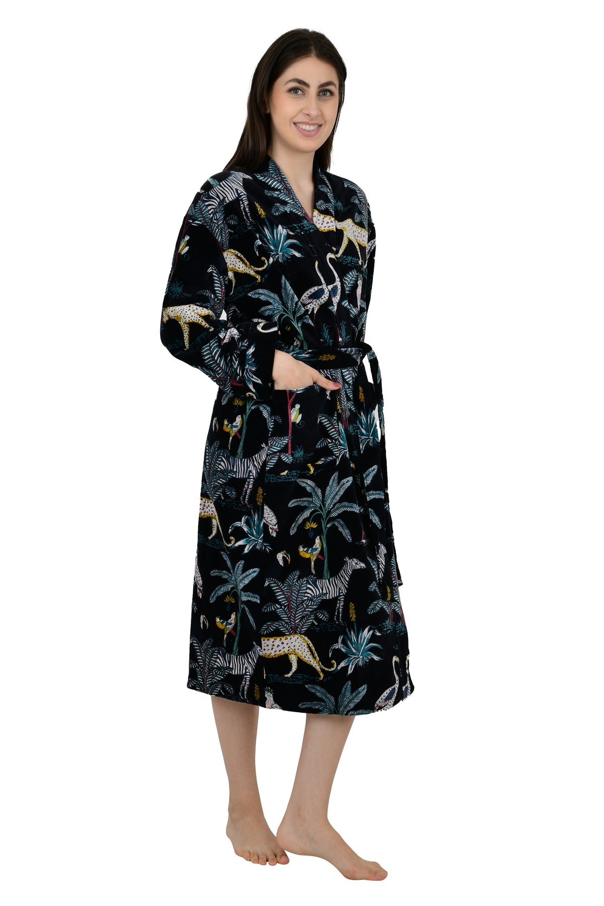 Unisex reversible Velvet Kimono Robe in black jungle