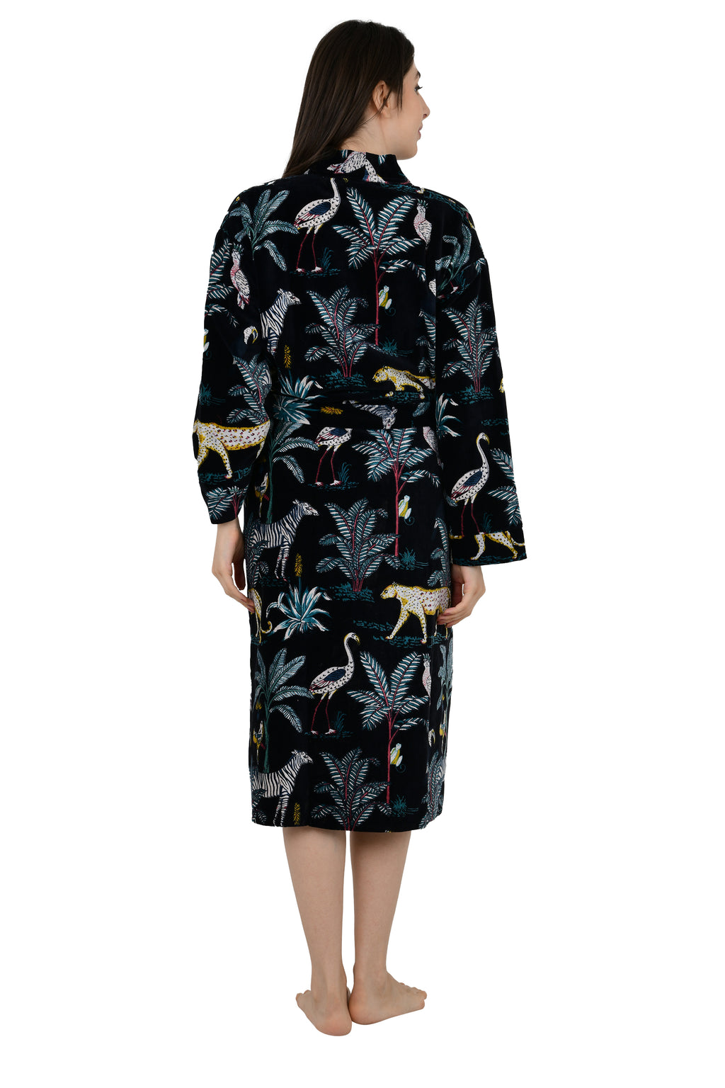 Unisex reversible Velvet Kimono Robe in black jungle