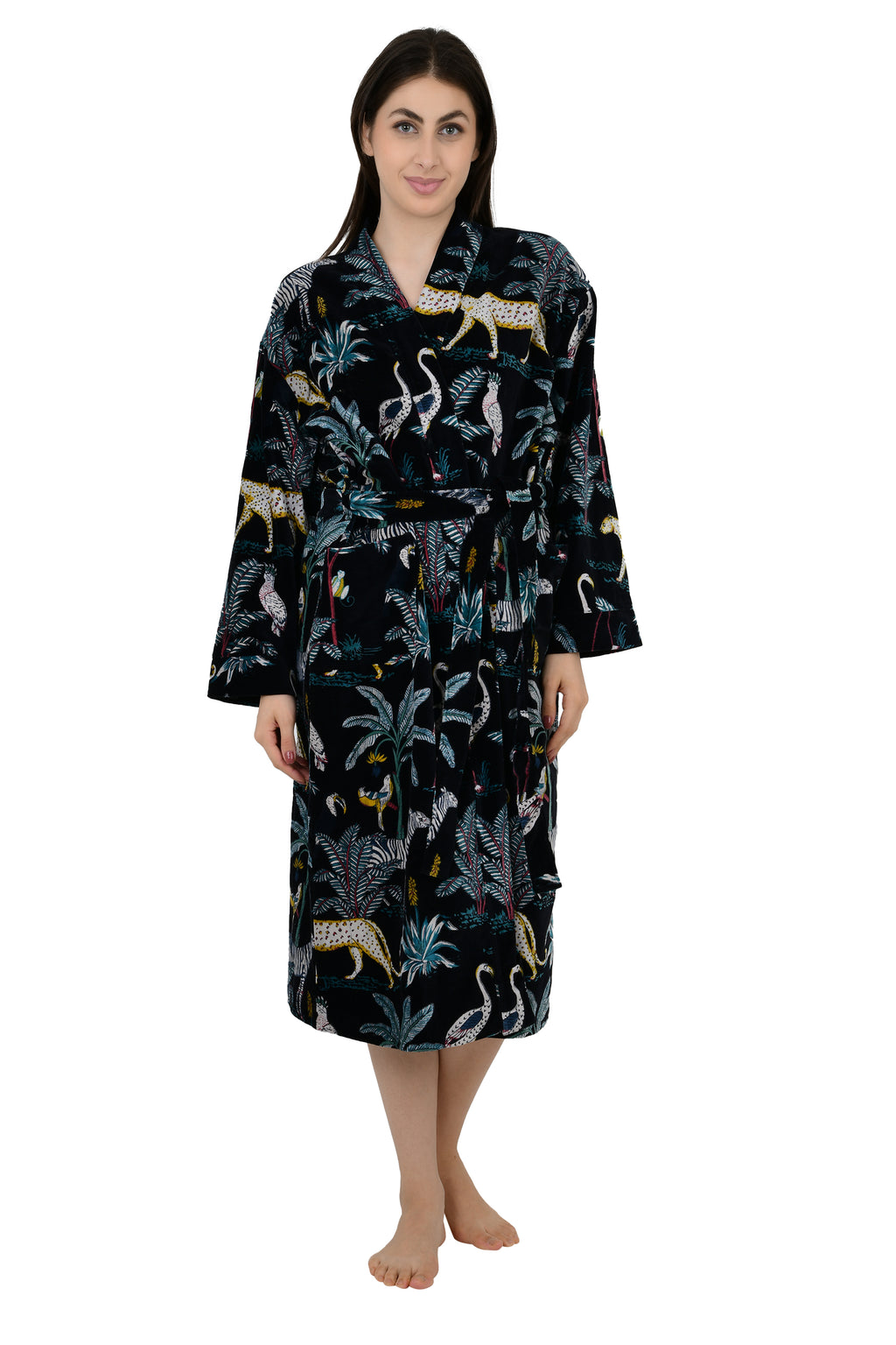 Unisex reversible Velvet Kimono Robe in black jungle