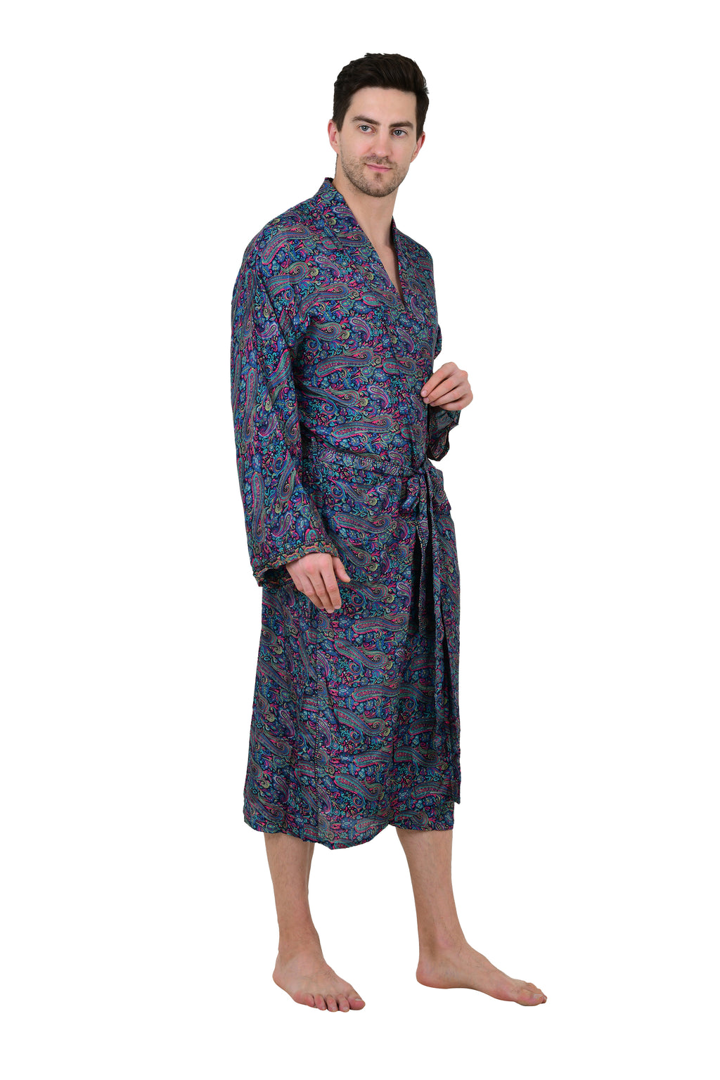 Men's Boho Silk Kimono Robe: Persian Paisley, Elegant Blue & Pink