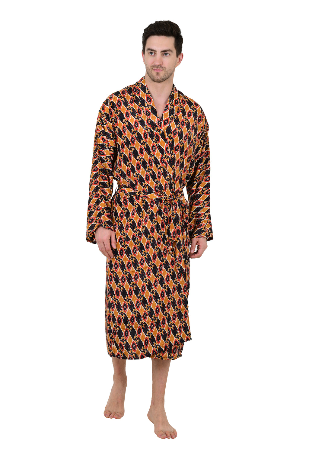 Boho Men's Soft Silk Kimono, Man Regal House Beach Robe, Persian King Ikat Elegant Yellow Black Hues