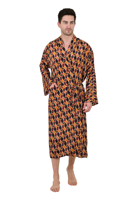 Boho Men's Soft Silk Kimono, Man Regal House Beach Robe, Persian King Ikat Elegant Yellow Black Hues