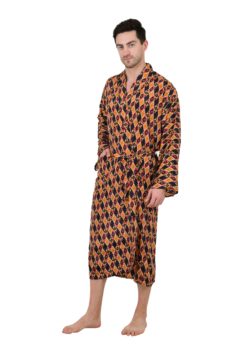 Boho Men's Soft Silk Kimono, Man Regal House Beach Robe, Persian King Ikat Elegant Yellow Black Hues