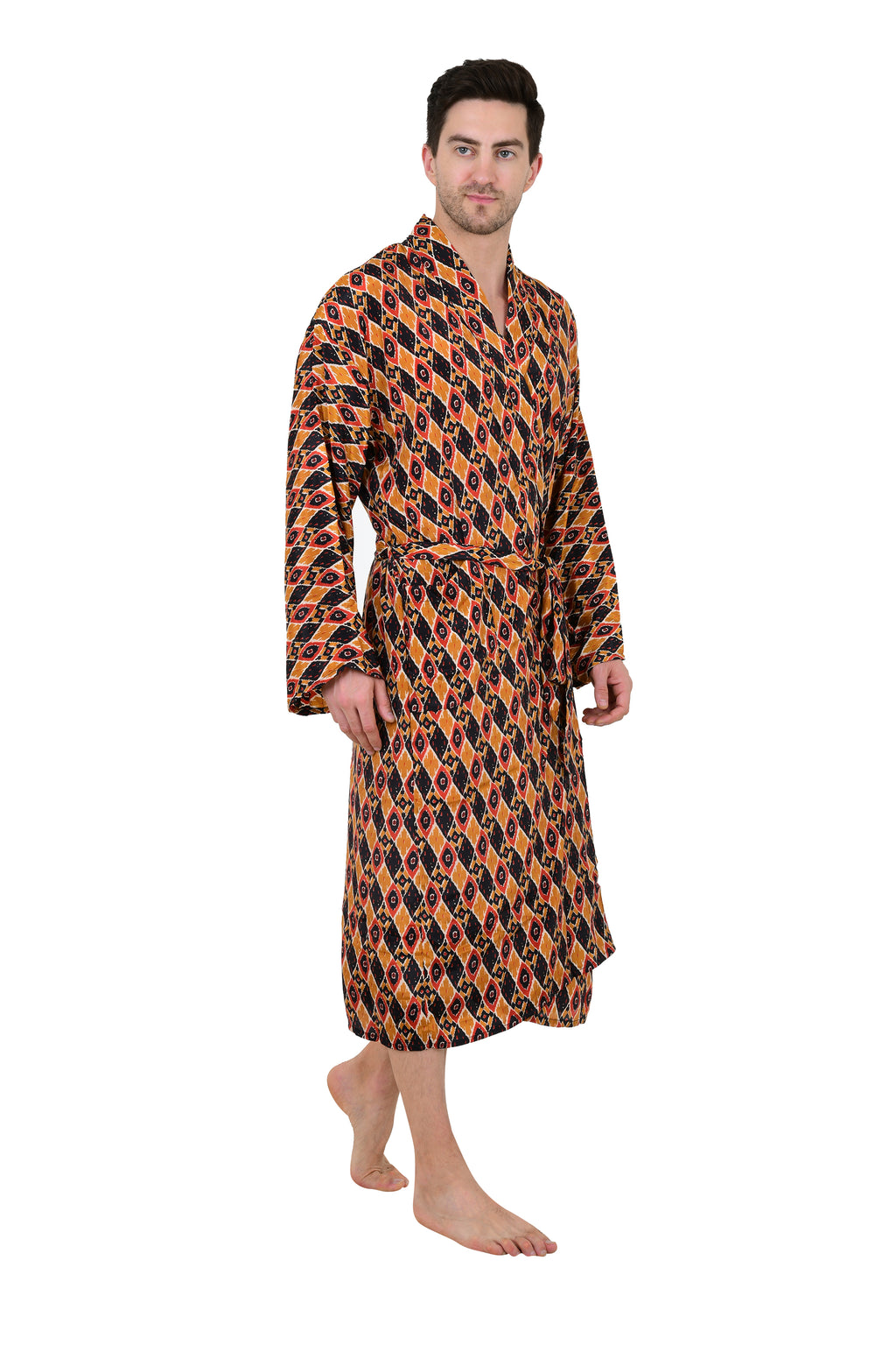 Boho Men's Soft Silk Kimono, Man Regal House Beach Robe, Persian King Ikat Elegant Yellow Black Hues