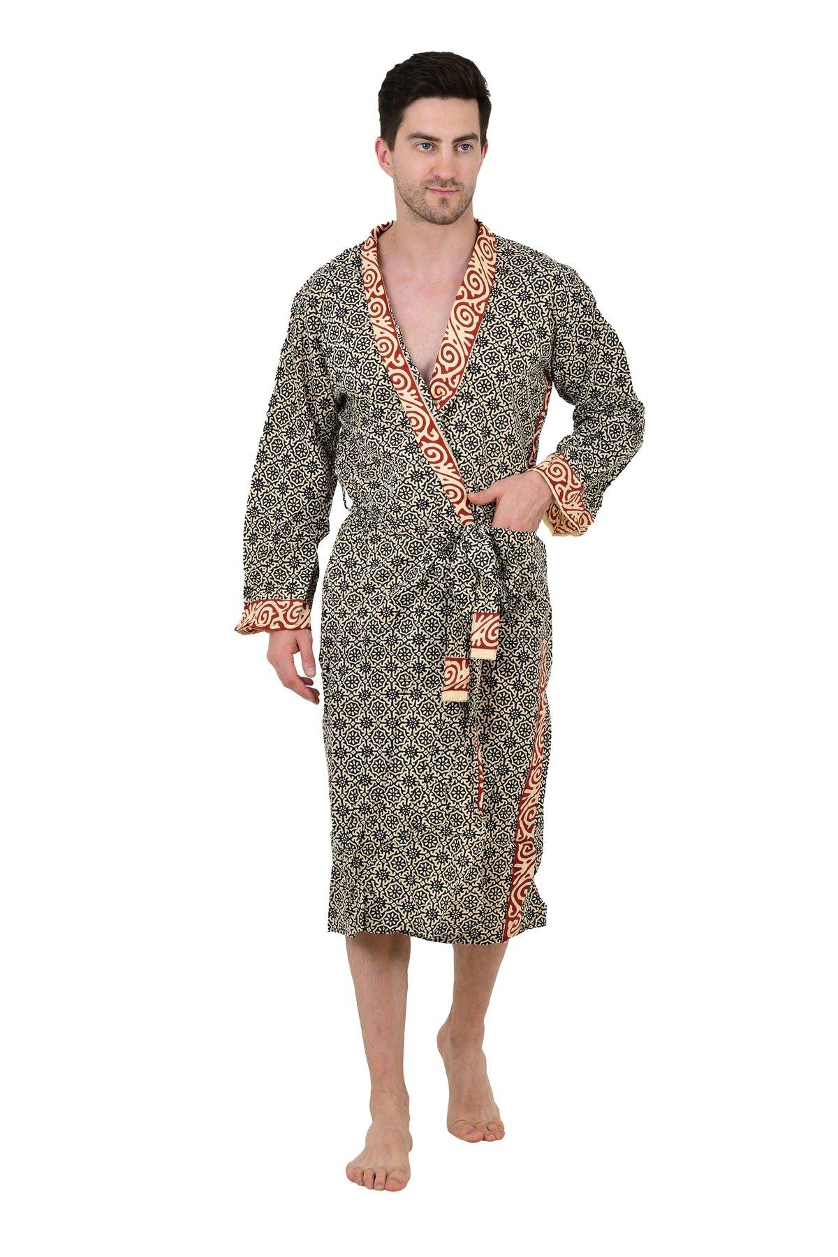 Men's block-printed Cotton Kimono Robe