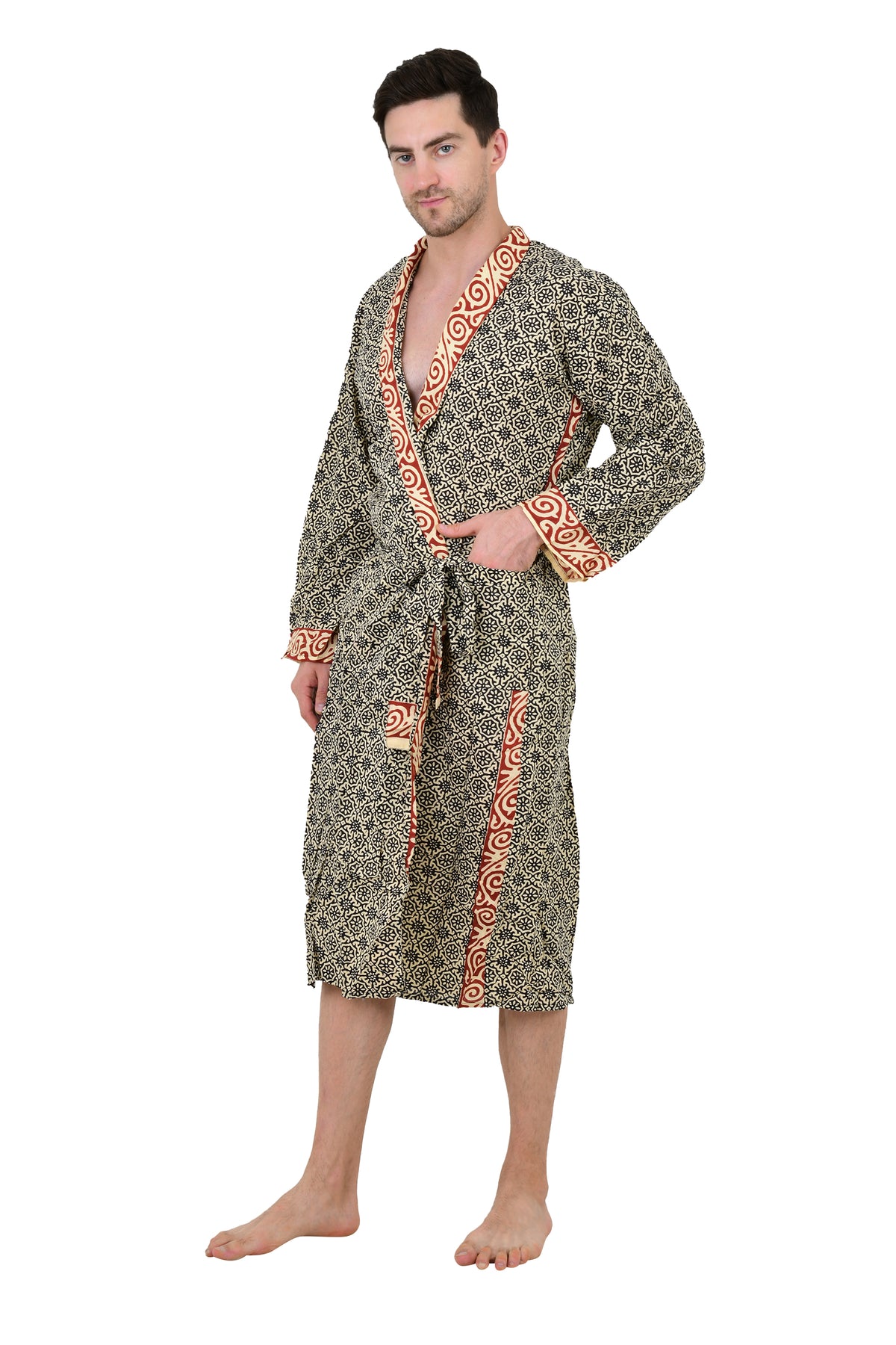 Men's block-printed Cotton Kimono Robe
