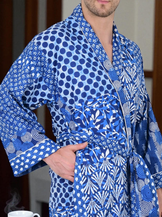 Men’s Cotton Kimono | Long Lightweight Bathrobe Lounge Robe with Pockets, One Size Comfortable Breathable Spa Resort Beach CoverUp Housecoat