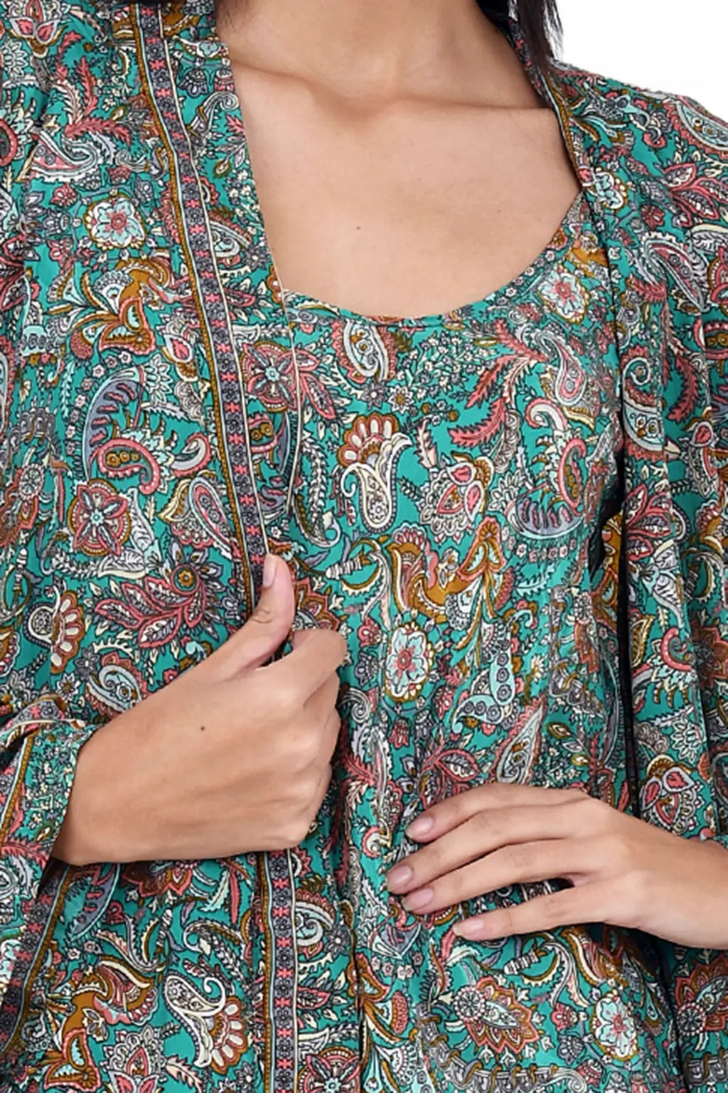 Women's Silk Kimono & Cami Set in green pink paisley