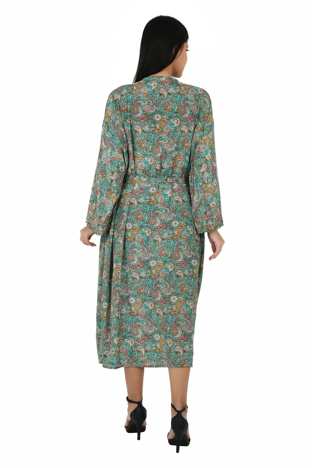 Women's Silk Kimono & Cami Set in green pink paisley