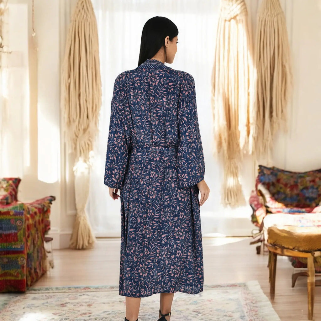 Women's Silk Kimono & Cami Set in blue pink floral