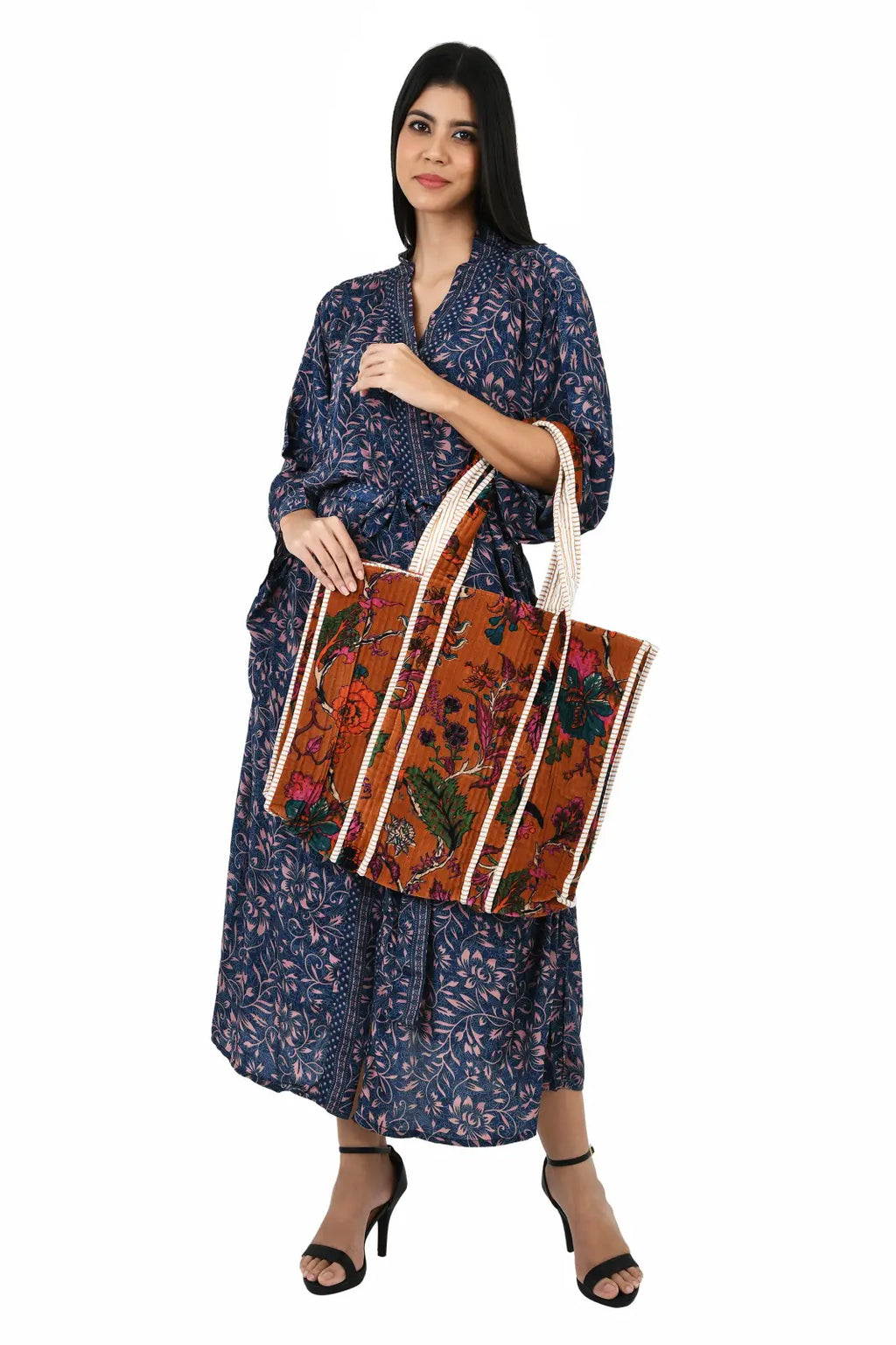 Women's Silk Kimono & Cami Set in blue pink floral
