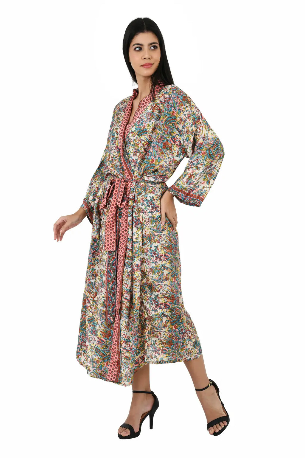 Women's Silk Kimono & Cami Set in ivory pink blue