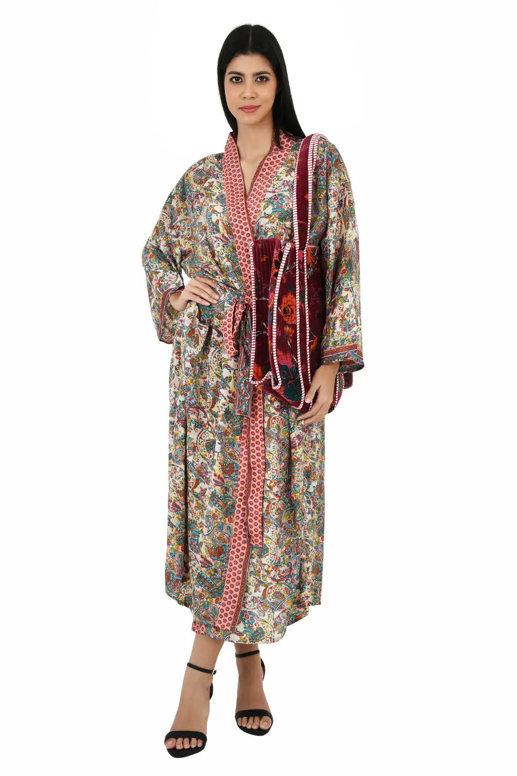 Women's Silk Kimono & Cami Set in ivory pink blue