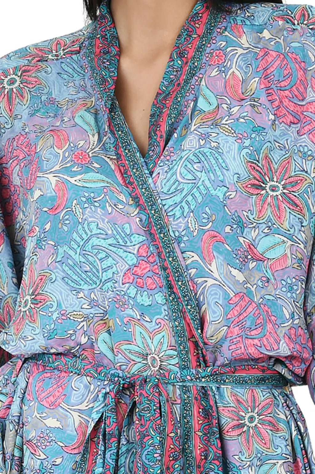 Women's Silk Kimono & Cami Set in blue pink floral