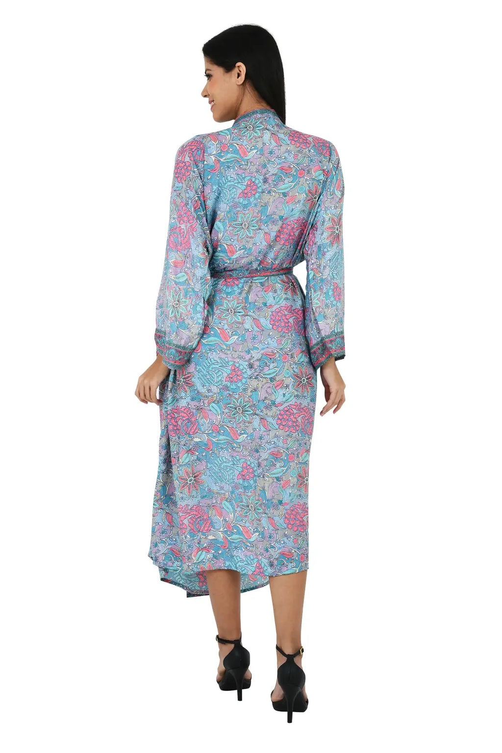 Women's Silk Kimono & Cami Set in blue pink floral