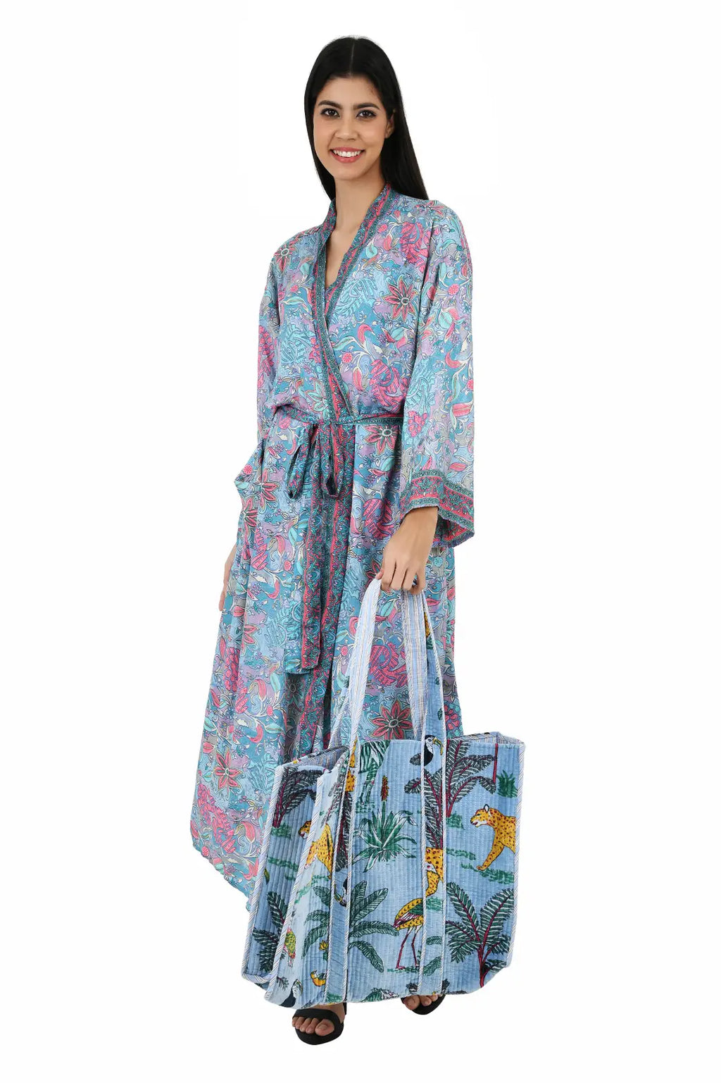 Women's Silk Kimono & Cami Set in blue pink floral