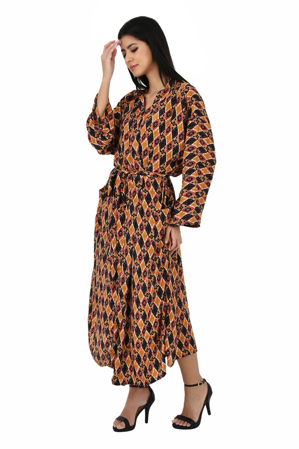 Women's Silk Kimono & Cami Set in brown black geometric