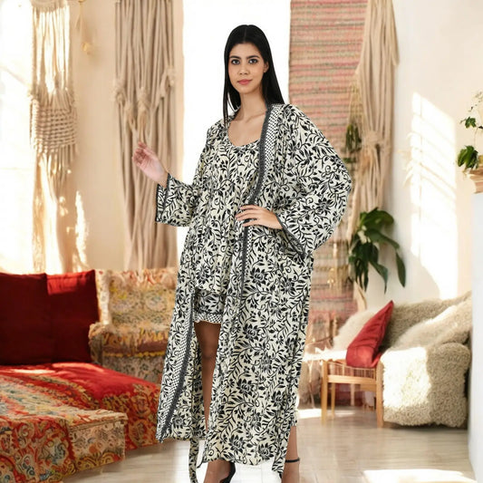 Silk Sari Women Kimono Cami Set | One Size Pastel Ivory Black Floral Relax Wear Camisole