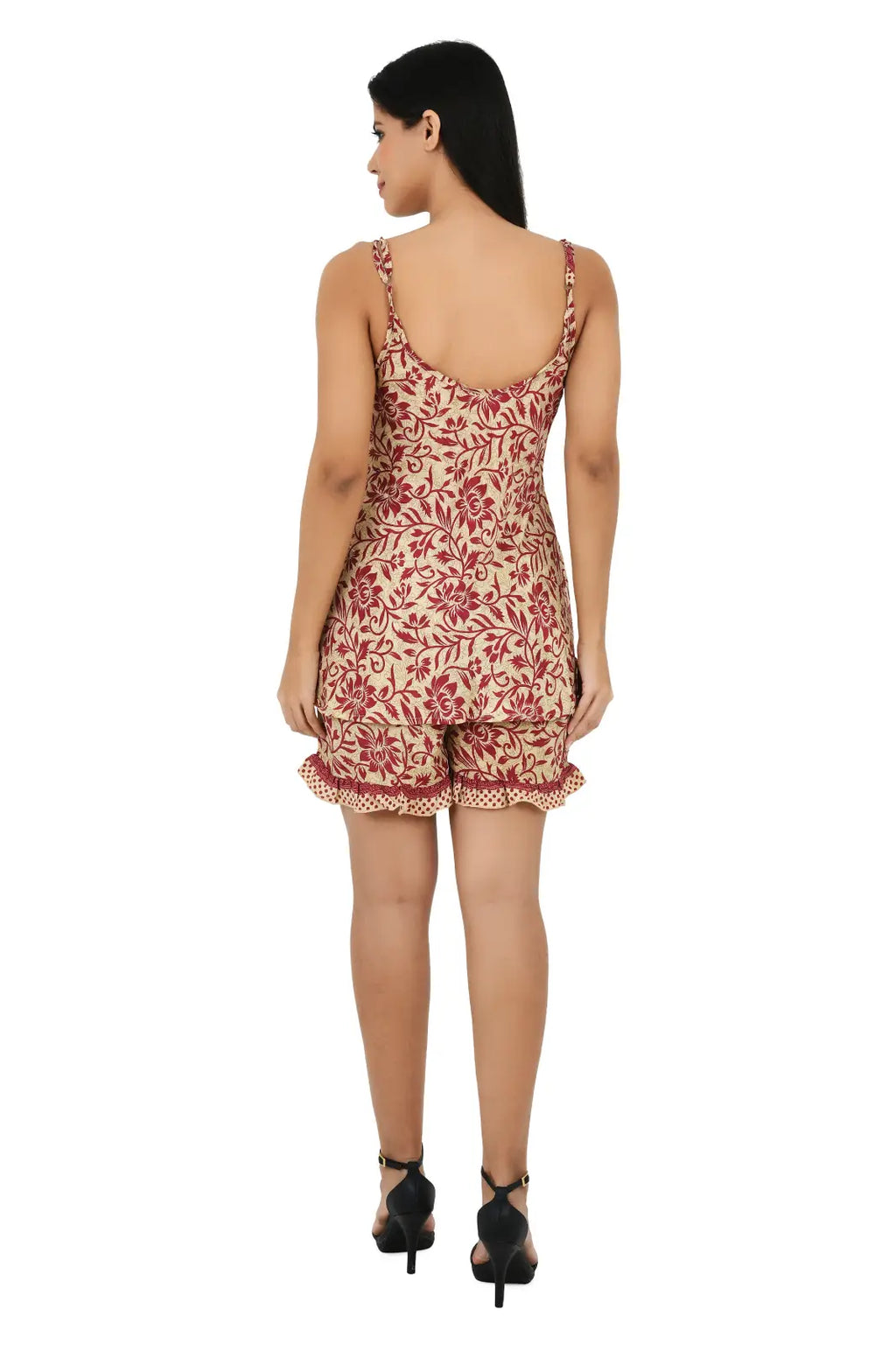 Silk Sari Women Kimono Cami Set | One Size Beige Red Floral Camisole