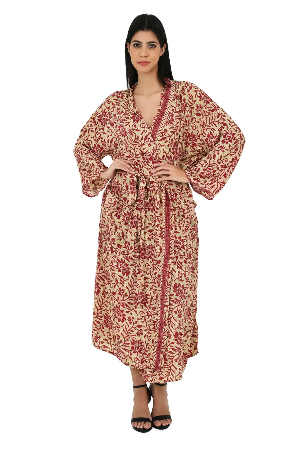 Silk Sari Women Kimono Cami Set | One Size Beige Red Floral Camisole