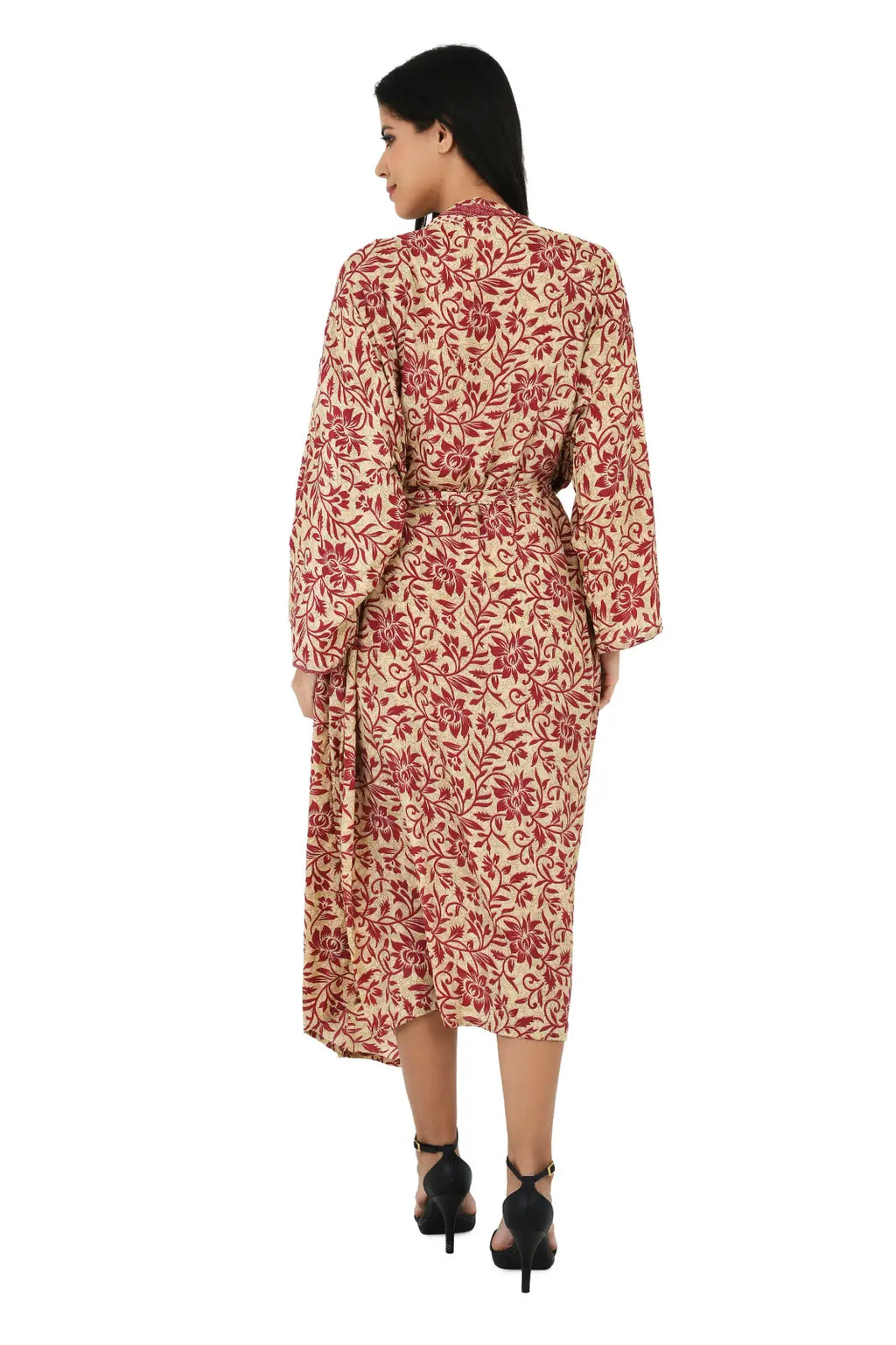 Silk Sari Women Kimono Cami Set | One Size Beige Red Floral Camisole