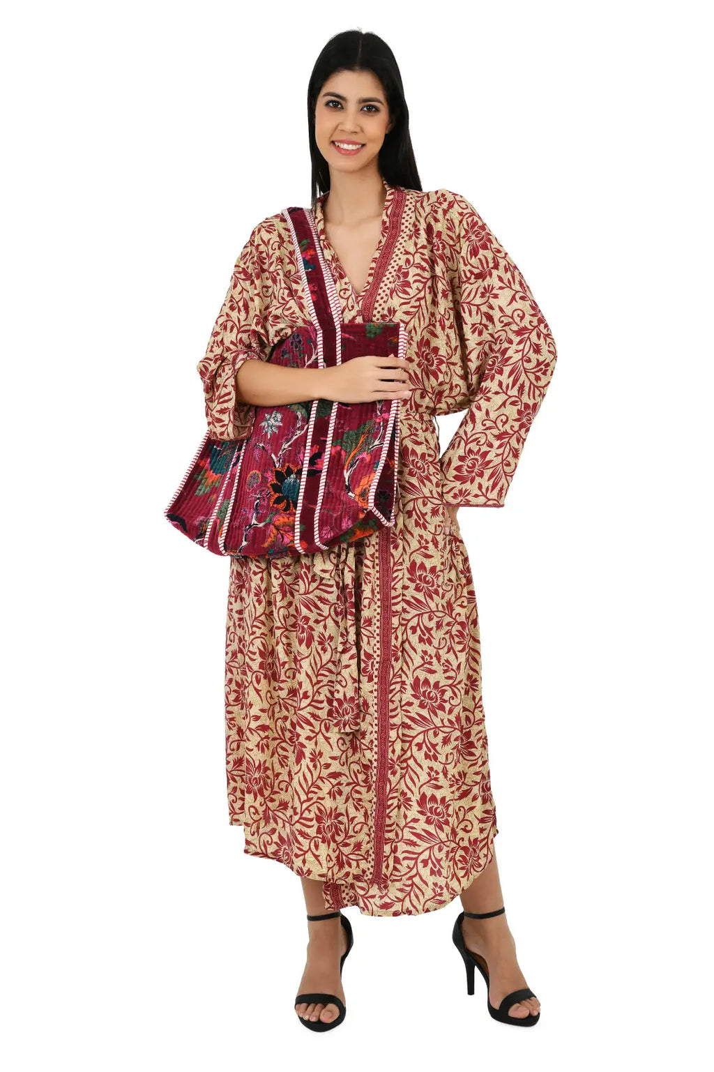 Silk Sari Women Kimono Cami Set | One Size Beige Red Floral Camisole