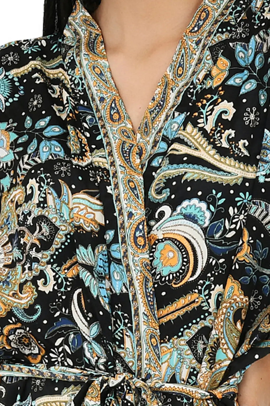 Women's Silk Kimono & Cami Set in black blue paisley