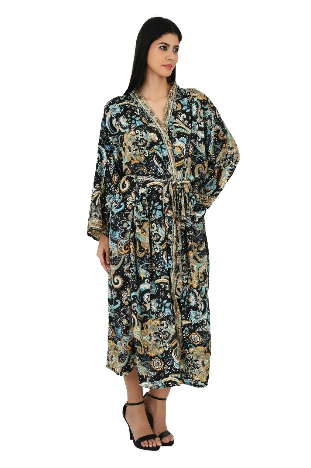 Women's Silk Kimono & Cami Set in black blue paisley