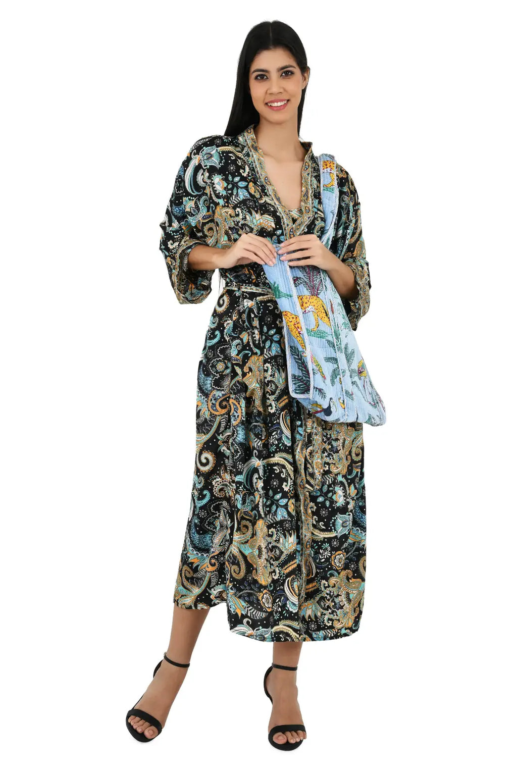 Women's Silk Kimono & Cami Set in black blue paisley