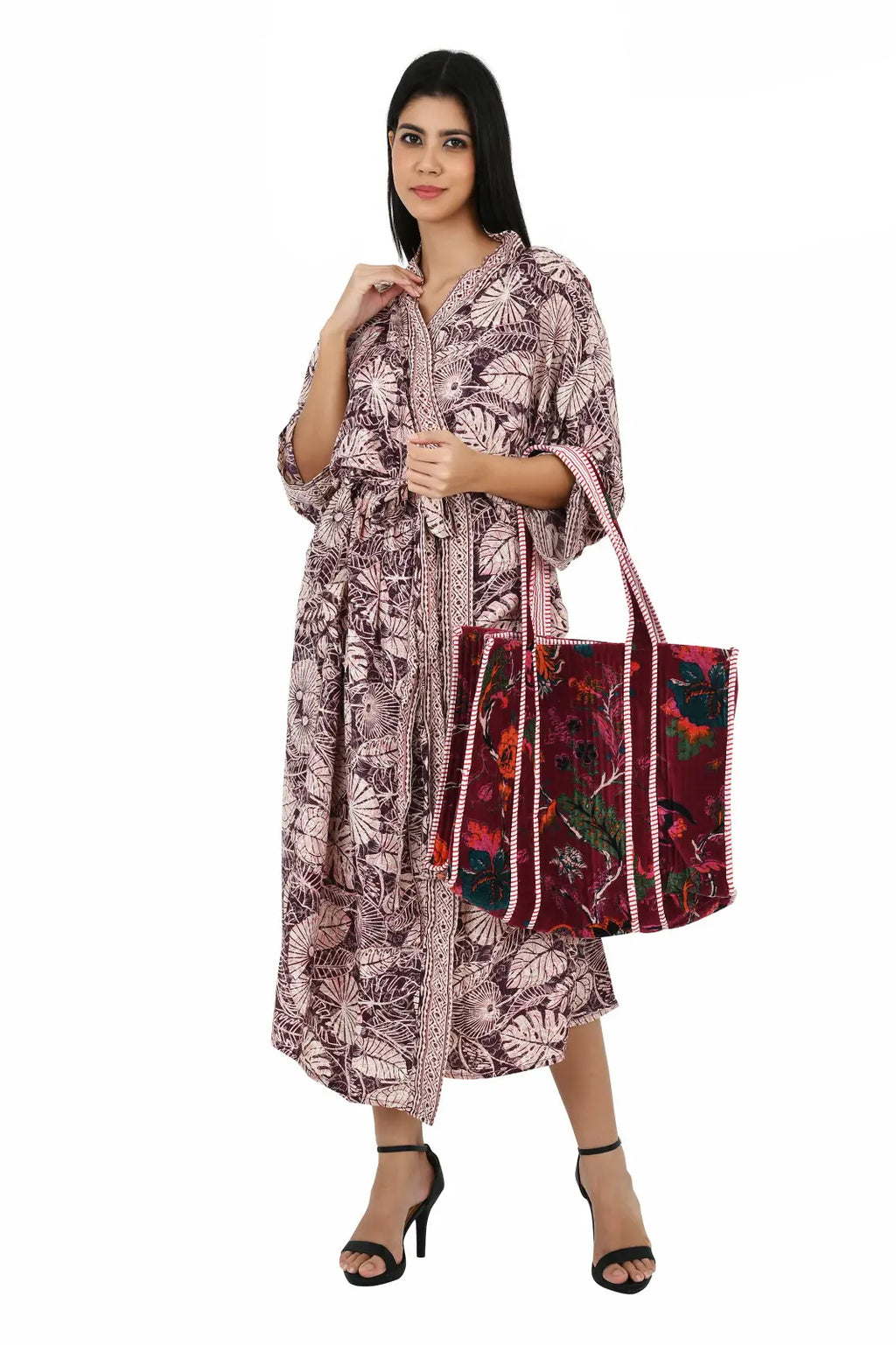 Women's Silk Kimono & Cami Set in purple ivory floral