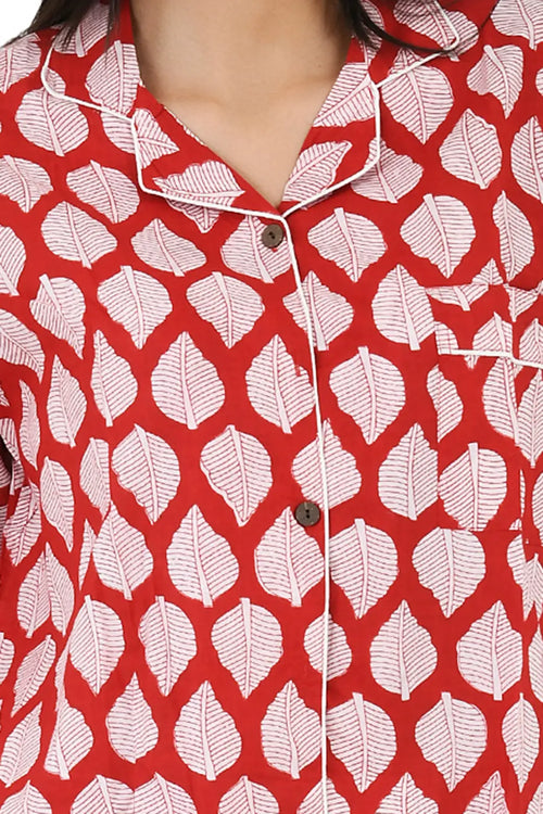 Cotton Women Pajama Set Comfortable Nightwear Summer PJ Set Red White Leaf Print