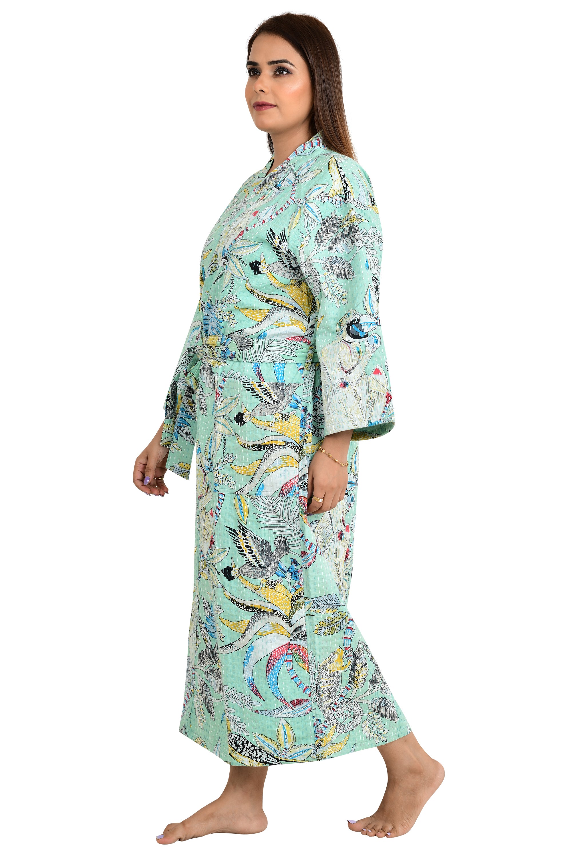 Kantha Pure Cotton Reversible Long Kimono Women Jacket Pastel Green Monkey Animal