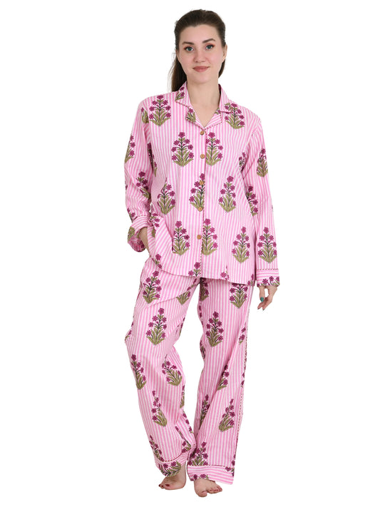 Pyjama-Set aus reiner Baumwolle, Nachthemd, Panama, handbedruckt, Nachtwäsche, Frühlings-Loungewear, luxuriöses, bequemes Schlafset mit Lotusblumenstreifen für den Sommer