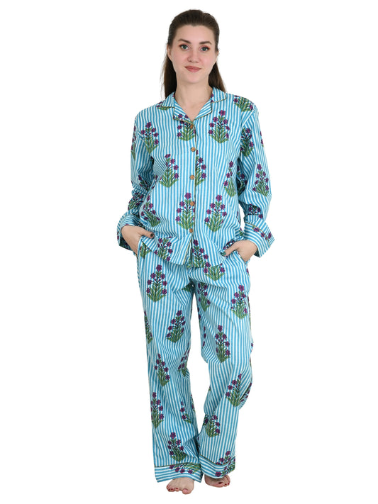 Pure Cotton PJ Set Night Shirt Panama Hand Block Printed Nightwear Spring Lounge Wear | Luxury Summer Lotus Floral Stripes Comfy Sleep Set