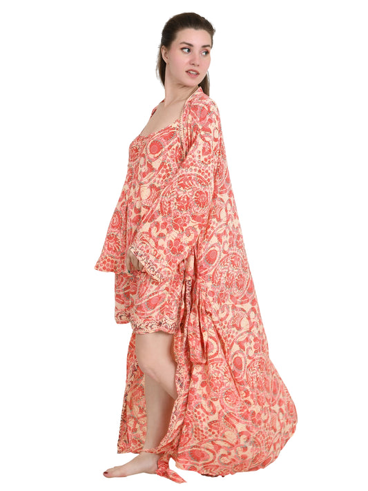 Seidiger Sari Pyjama Kimono Cami Top Boxer 3er Set Nachtanzug Schlafanzug Luxus Lounge Boho Kleid Royal Beach Cover Up Floral Paisley Cardigan Geschenk für Sie