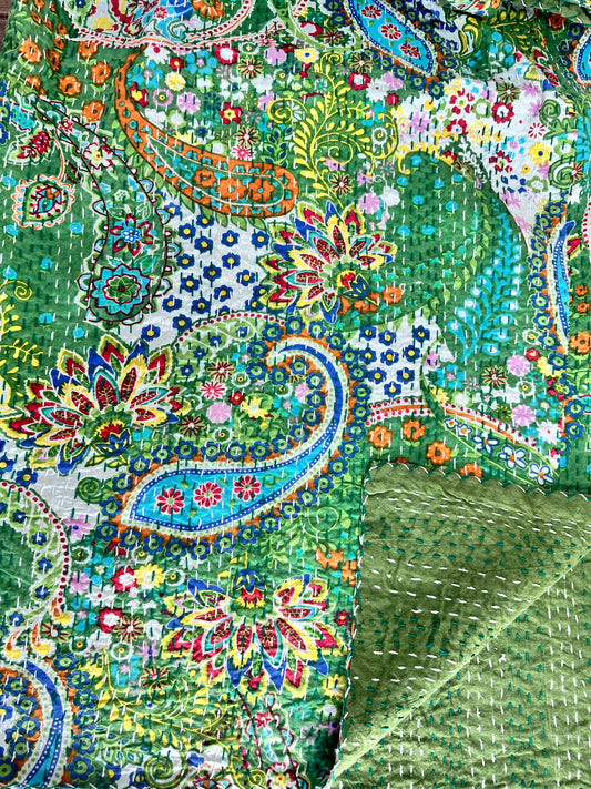 Pure Cotton Kantha Stitch Throw | Indian Hand Block Quilted King Size Bedspread/Sofa Cover Home Decor | Paisley Reversible Print Green