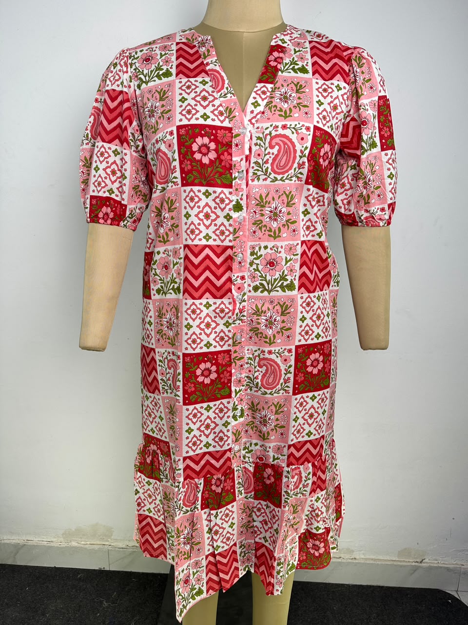 Women’s Cotton Dress | Boho Vacation Tunic Midi V Neck Summer Beach Sundress | Ruffle Patchwork Printed Garden Party Dress | Womens Clothing