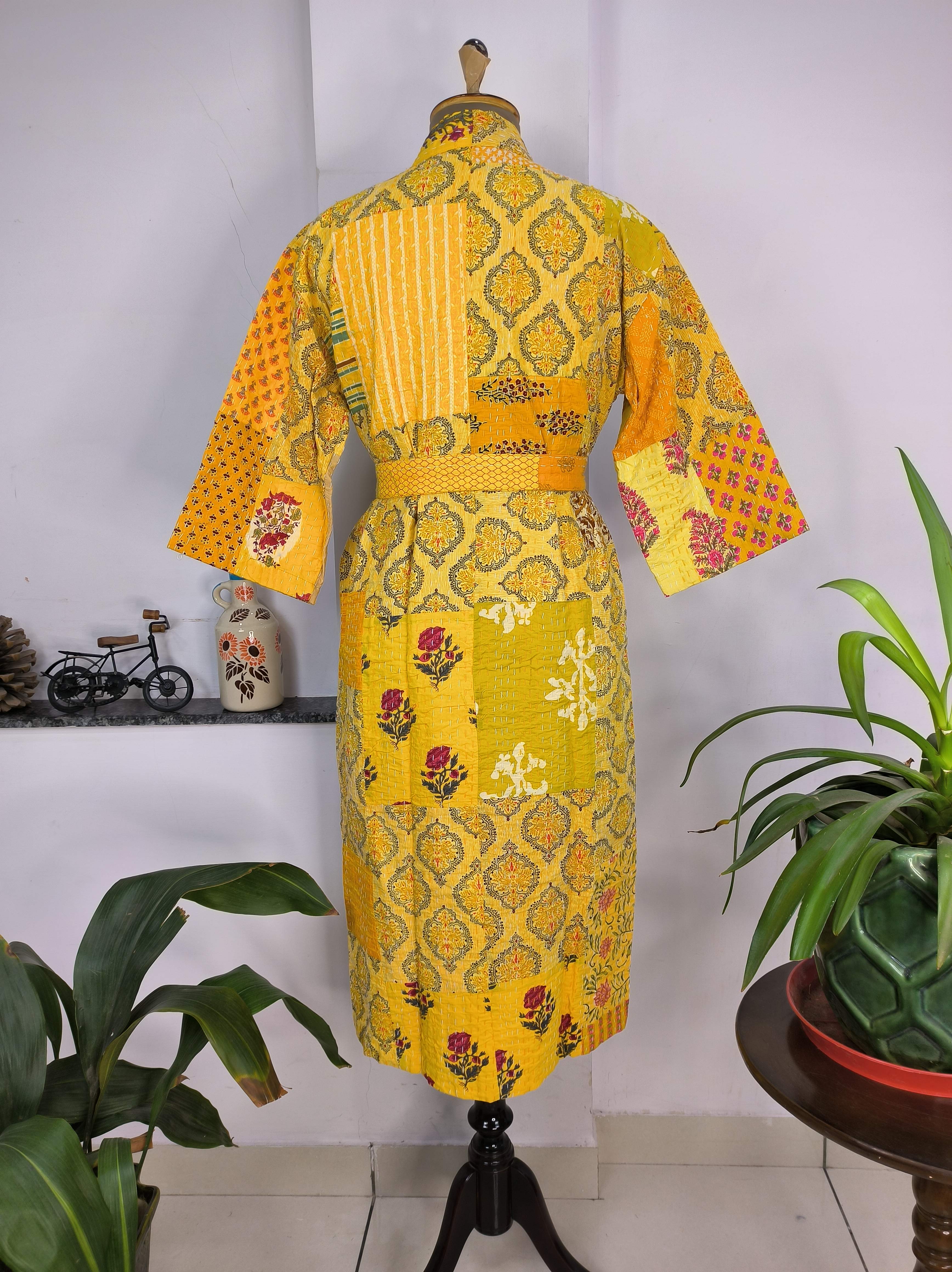 Reversible Hand-Stitched Women's Robe Hand Block Printed Bohemian Cotton Kantha Kimono | Perfect Summers Sunshine Garden Bliss