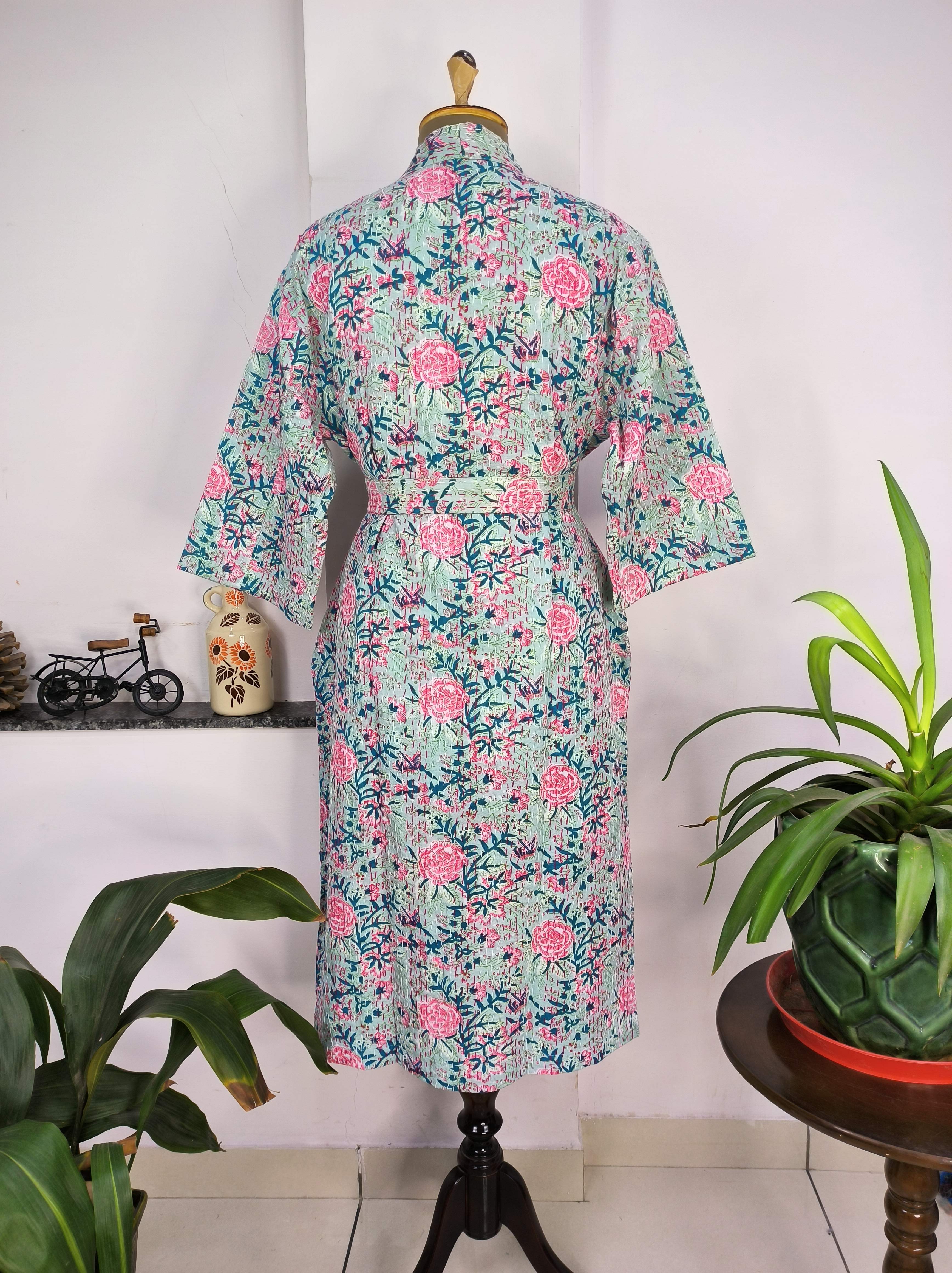 Reversible Hand-Stitched Women's Robe Hand Block Printed Bohemian Cotton Kantha Kimono | Perfect Summers Sunshine Garden Bliss